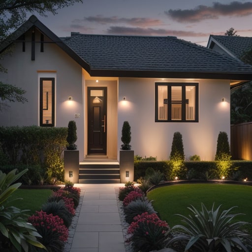 Same bungalow as a contemporary AI exterior concept with white render, black-framed windows and evening lighting