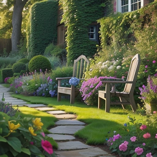 Same lawn as a cottage garden AI concept with flower borders, stepping stones and climbing plants