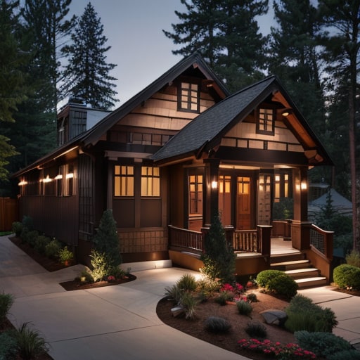 Same bungalow as a contemporary Craftsman AI exterior concept at dusk with lit porch and new planting