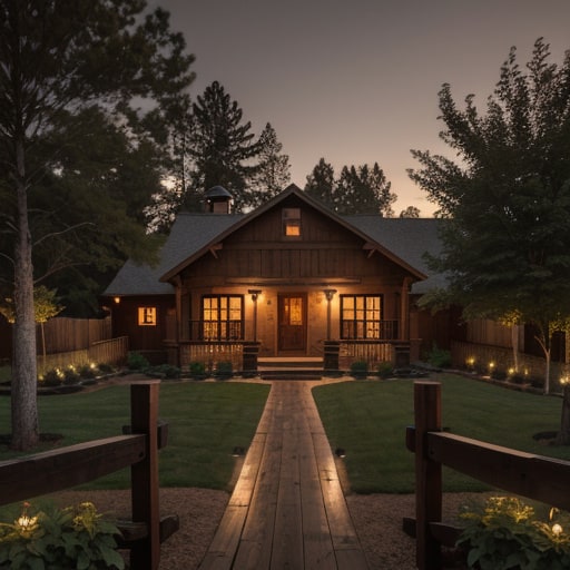 Same house as a farmhouse AI exterior concept with wood siding, lit porch and planted path