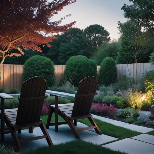 Same patio as a modern garden AI concept with clipped shrubs, grasses, lighting and paver edging