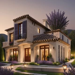 The same house re-rendered in French Country style with stone walls, shutters and lavender by the path