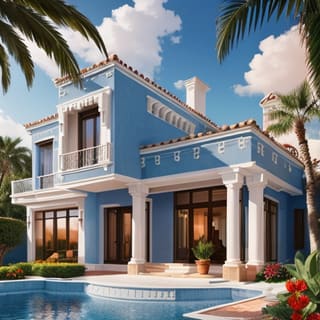 The same house re-rendered in Mediterranean style with blue walls, white columns and palms by the pool
