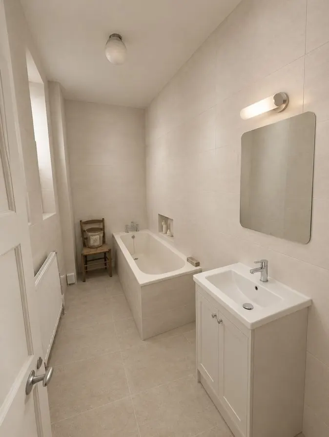 The same bathroom as an AI concept with white tiles, a pale stone floor and a white vanity