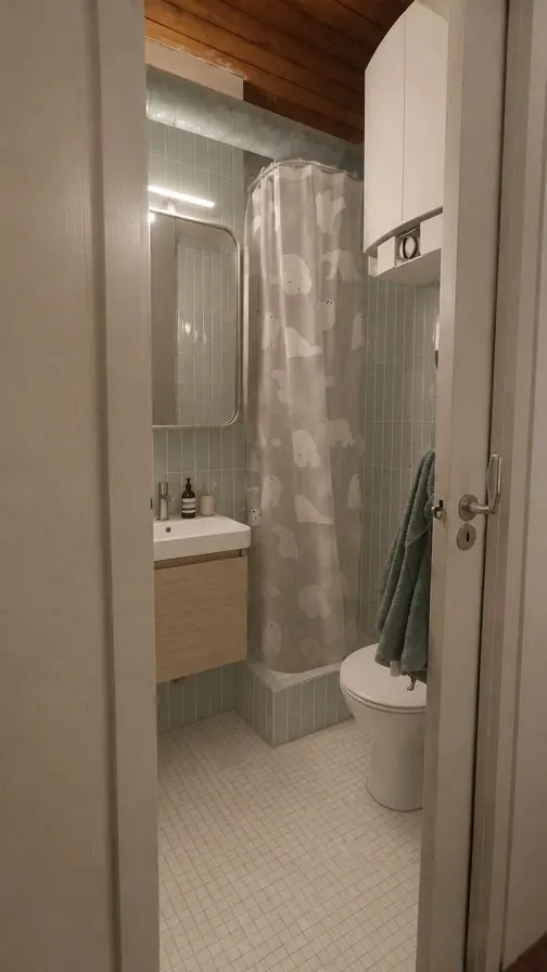 The same small bathroom as an AI concept with green tiles, an oak vanity and a round mirror
