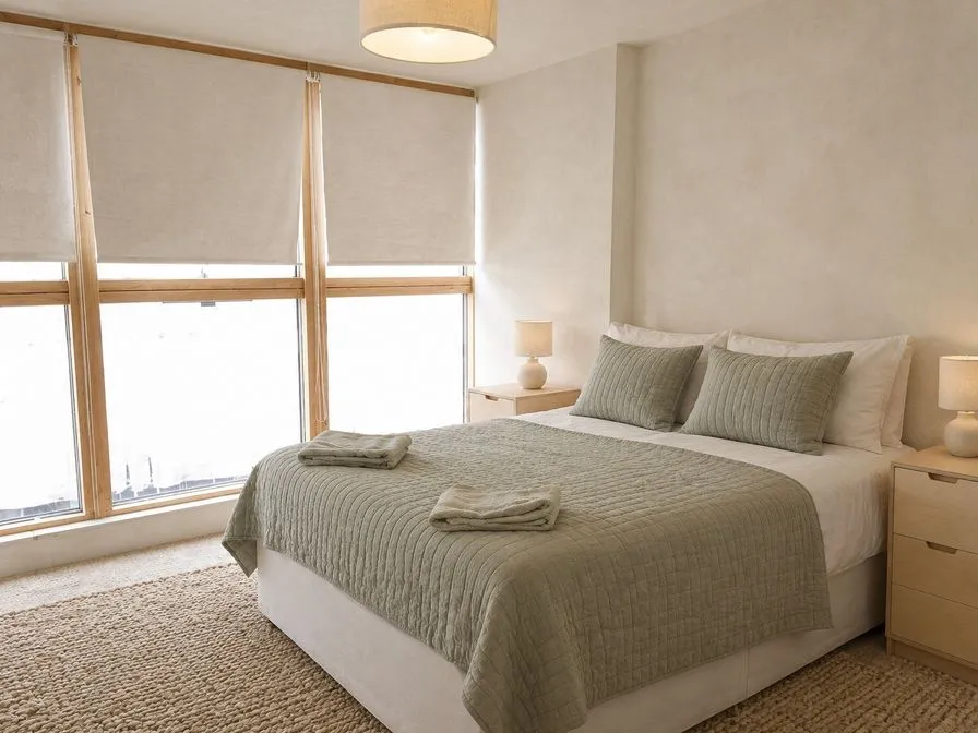 The same bedroom as an AI concept with a sage quilt, birch bedside cabinets, ceramic lamps and a woven rug