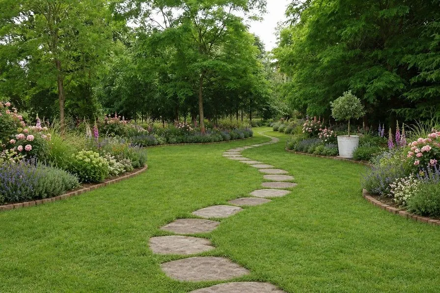 The same lawn as a cottage garden AI concept with deep flower borders and a stepping stone path