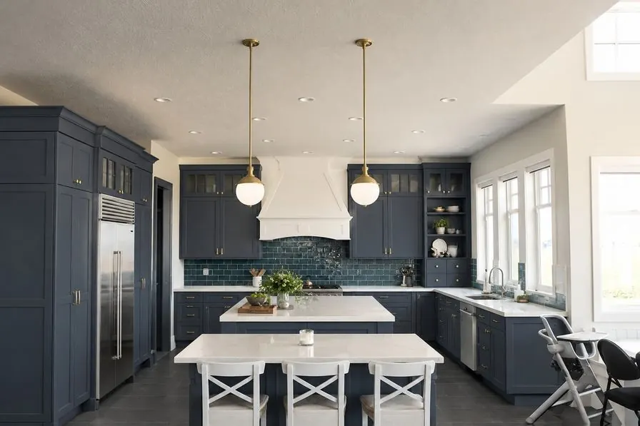 The same kitchen as an AI concept with deep blue cabinets, a white island top and brass pendants