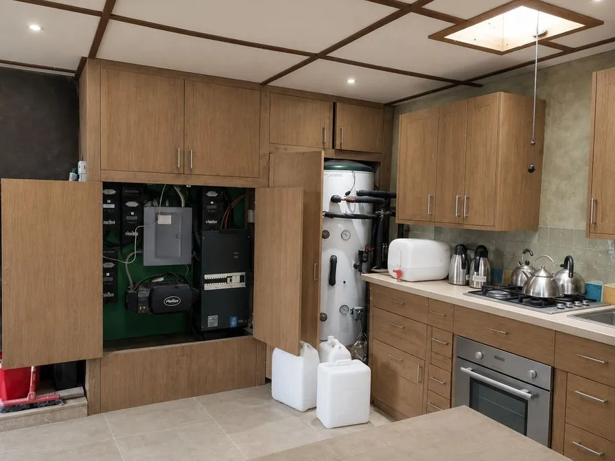 The same kitchen as an AI concept with oak-look cabinet fronts, a pale countertop and green tiles
